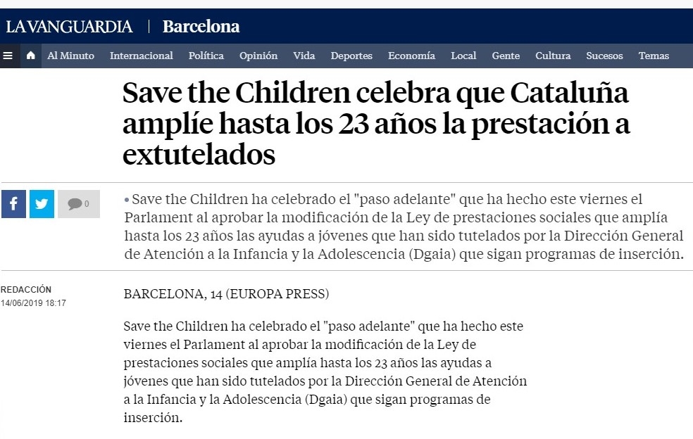 Me he alegrado tanto de verlos celebrando esto que me parece obligatorio compartirlo con toda la comunidad. Estamos de enhorabuena!!!

https://www.lavanguardia.com/local/barcelona/20190614/462864810317/save-the-children-celebra-que-cataluna-amplie-hasta-los-23-anos-la-prestacion-a-extutelados.html